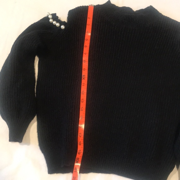 Soft Sweater Black Ribbed White Faux Pearls Cold Shoulder Aiblee S - Picture 14 of 14